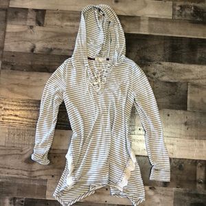 A white and grey striped hoodie with lace.